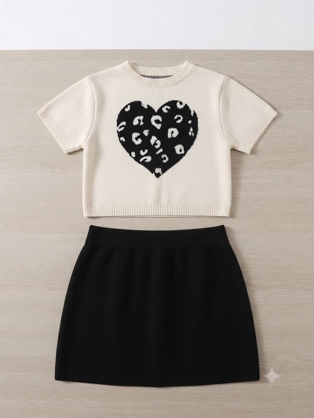 Vince Camuto Cream Top and Black Skirt Matching Set with Leopard Heart